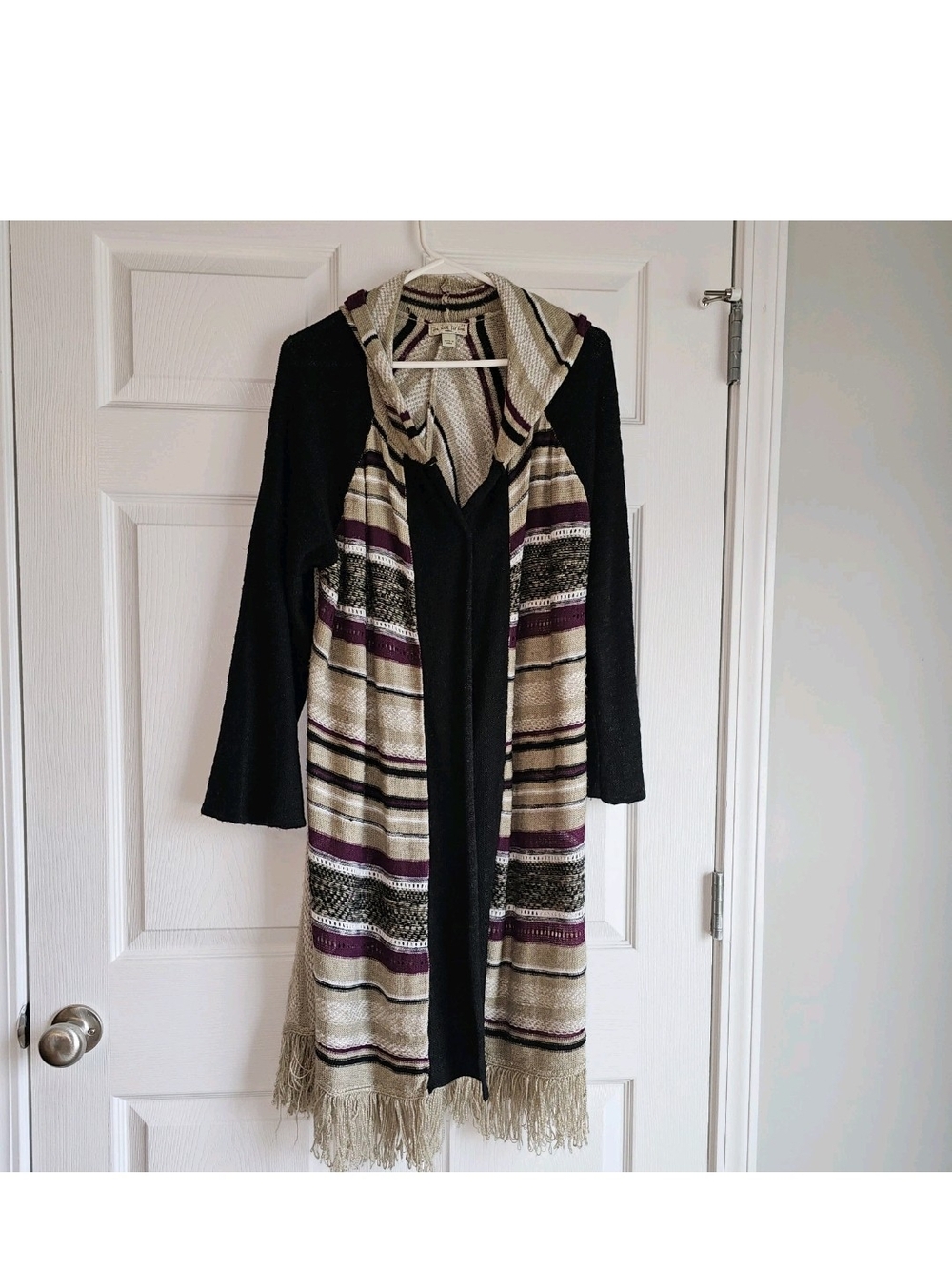 Open-Front Long Cardigan 2X Hooded Fringe Long Sleeve Duster Stripes Earthy Boho
